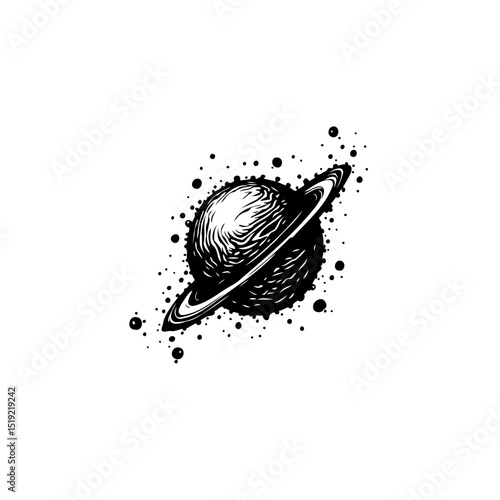 Black and white artistic rendering of a planet with rings in space illustration