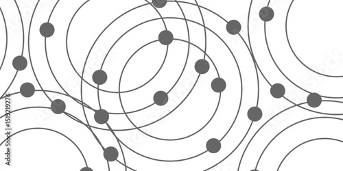 Abstract connecting dots and circles. Pattern of multiple overlapping circles and solid grey dots on a white background. Arcs and circular outlines with geometric grid with a random scatter of dots.