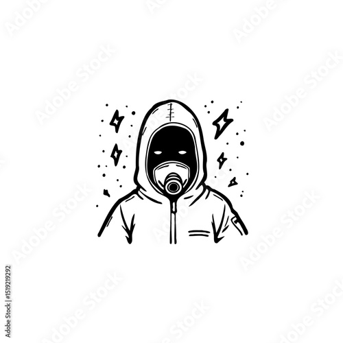 Monochromatic digital art illustration of a person wearing a hazmat suit and gas mask