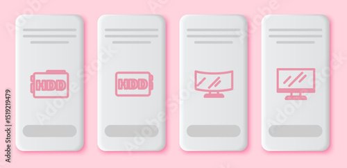 Set line Hard disk drive HDD, , Computer monitor screen and . White rectangle button. Vector