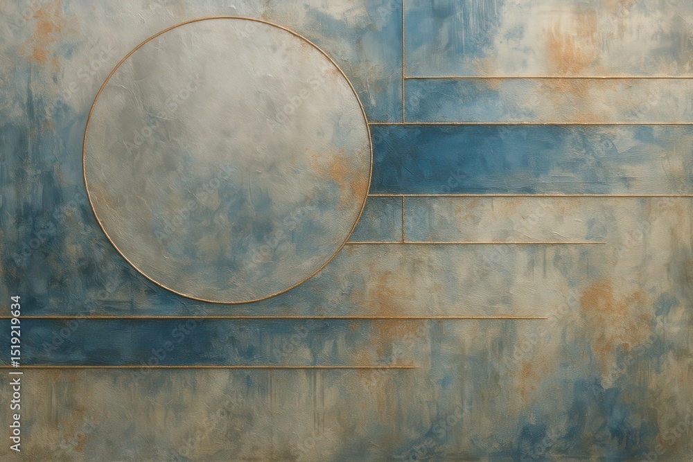 Abstract Textured Art Piece with Metallic Circle and Blue/Orange Gradient Bands on Rough Surface Background Abstract Textured Art Piece with Metallic Circle and Blue/Orange Gradient Bands on Rough Surface Background