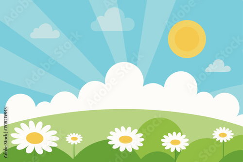 Spring and summer nature landscape with blooming flowers, green grass, and blue sky