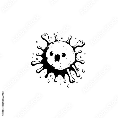 Cartoon illustration of a surprised virus with spiky projections and a shocked expression