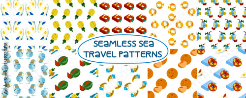 Summer Sea Travel Pattern Collection. Set of 10 seamless patterns featuring beach balls, fruits, suitcases, swim rings, towels, boats, sunscreen bottles and summer drinks. Cartoon flat style, bright.