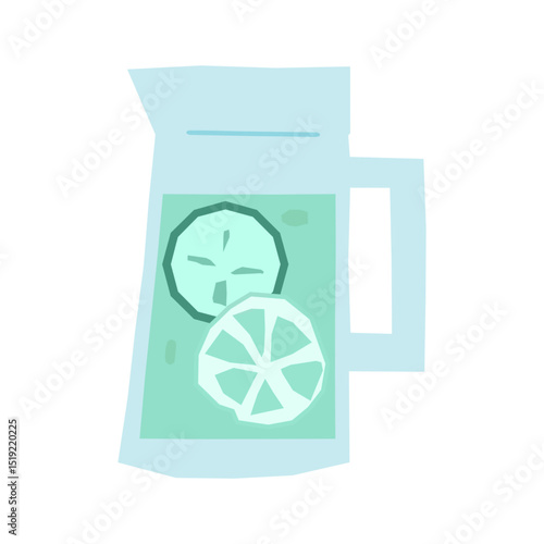 Cartoon Cucumber Lemon Water Pitcher. Cartoon pitcher with refreshing water, cucumber and lemon slices. Flat style illustration in cool mint tones, isolated on white background.
