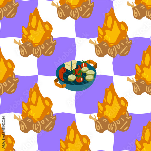 Seamless Campfire Food Pattern Design. Seamless pattern with bright cartoon campfires and a dish of sliced cheese, veggies and olives on a checkered purple background. Flat style, cozy camping vibe.
