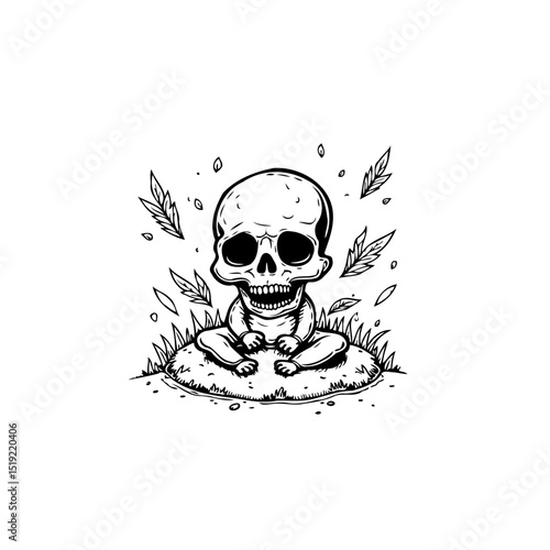 Cartoon illustration of a skeleton meditating in a serene nature setting vector