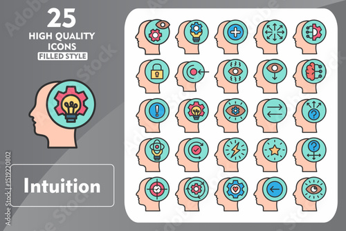Intuition Line Filled Icon Set. Incleded Icons Intuition, Consideration, Mentally fine, Opportunity, Critical thinking, Extrovert. Vector Icons Collection