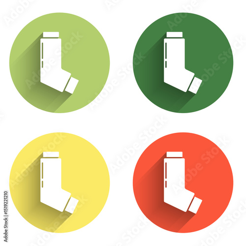 Set Inhaler icon isolated with long shadow background. Breather for cough relief, inhalation, allergic patient. Medical allergy asthma inhaler spray. Color circle button. Vector