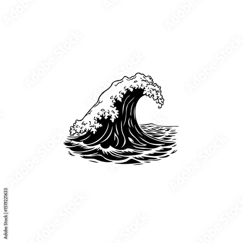 Monochrome illustration of a powerful ocean wave in retro engraved style