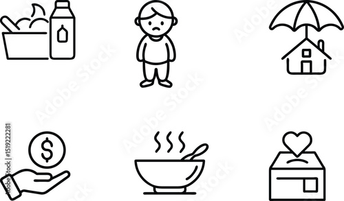 Essential Line Icons Charity, Donation, Hunger Relief, and Home Protection