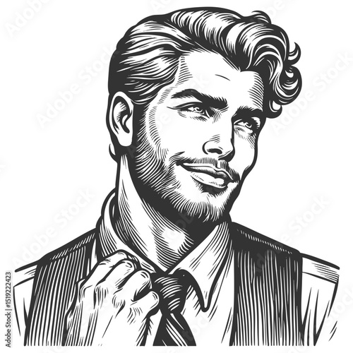 smiling man with styled hair, wearing a vest and tie in a charming retro fashion sketch engraving generative ai fictional character vector illustration. Scratch board imitation. Black and white image.