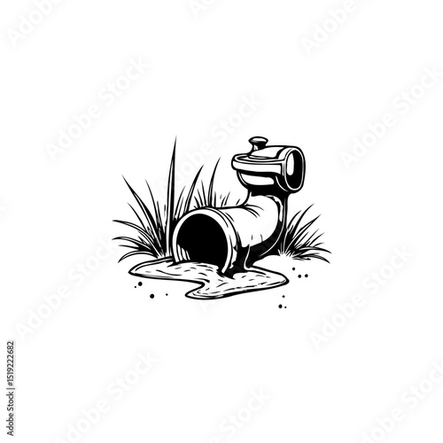 Artistic monochrome illustration of a broken pipe leaking liquid on the grass