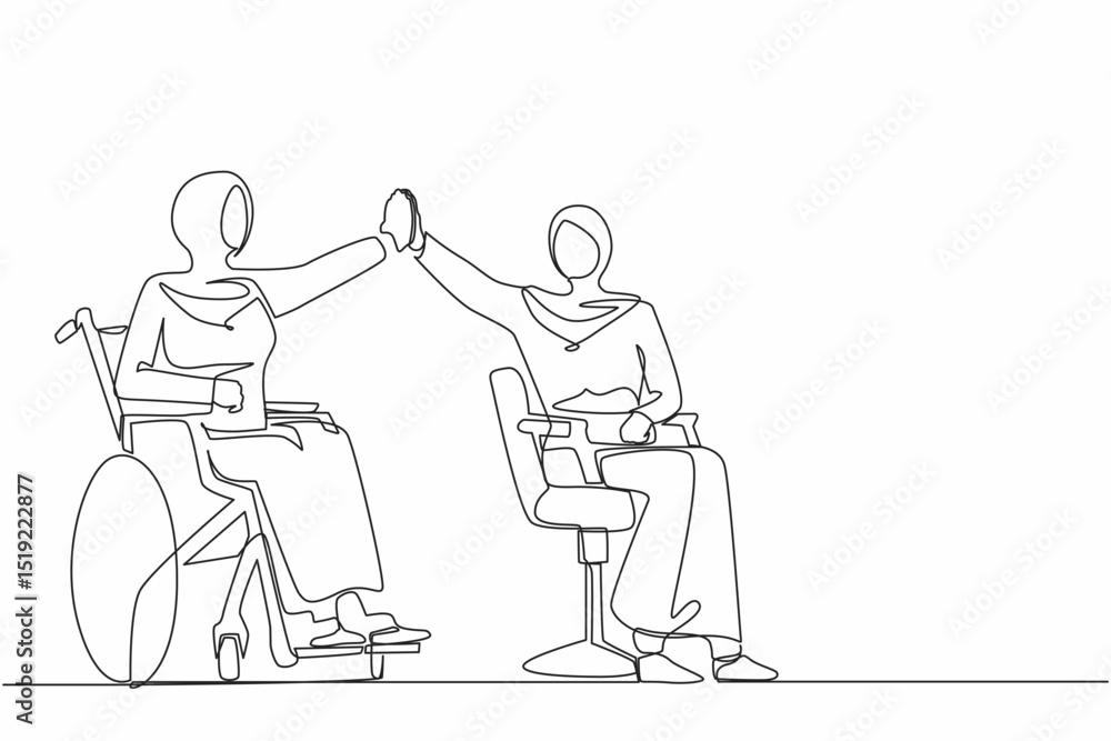 Single continuous line drawing happy disabled Arab woman give high five coworker. Office worker sitting in wheelchair joy. Colleague celebrating success. Good job sign. One line graphic design vector Single continuous line drawing happy disabled Arab woman give high five coworker. Office worker sitting in wheelchair joy. Colleague celebrating success. Good job sign. One line graphic design vector