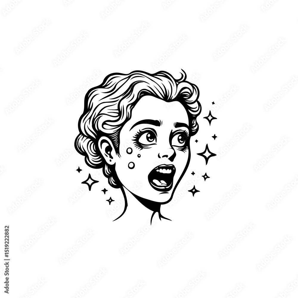 Surprised Woman Cartoon Character Illustration with Exaggerated Expression and Stars Surprised Woman Cartoon Character Illustration with Exaggerated Expression and Stars