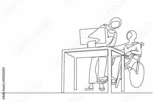 Single one line drawing disabled Arabian woman in wheelchair works in an office behind desk and computer. Interaction and communication with colleague. Continuous line draw design vector illustration