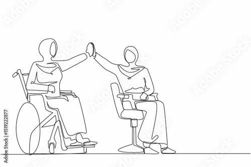Single continuous line drawing happy disabled Arab woman give high five coworker. Office worker sitting in wheelchair joy. Colleague celebrating success. Good job sign. One line graphic design vector