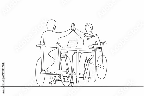 Continuous one line drawing two disabled Arabian women give high five coworker. Office worker sitting in wheelchair joy. Colleague celebrating success. Good job sign. Single line design vector graphic