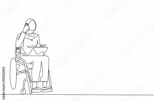 Single one line drawing Arab woman in wheelchair having phone conversation while working online on laptop. Disability businesswoman talking with client on mobile phone. Continuous line design graphic