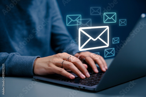 Person using laptop receiving multiple email notifications digital communication online correspondence