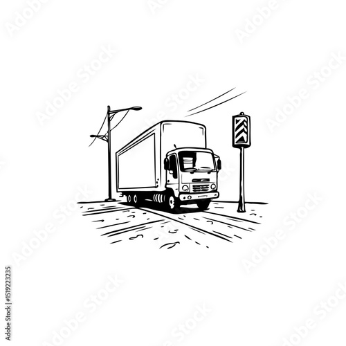 Monochrome Illustration: A Delivery Truck Navigating an Urban Road with Road Signs