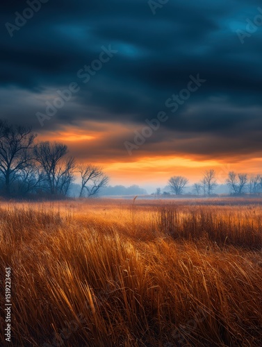 Serene sunset over golden grasslands with dramatic clouds and silhouettes of trees