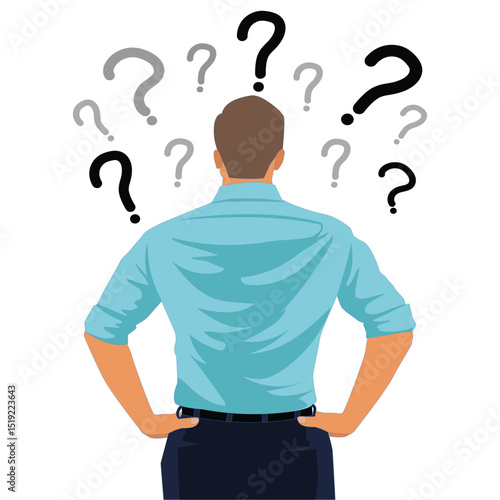 Rear view of businessman looking at question mark on white board. vector,illustration