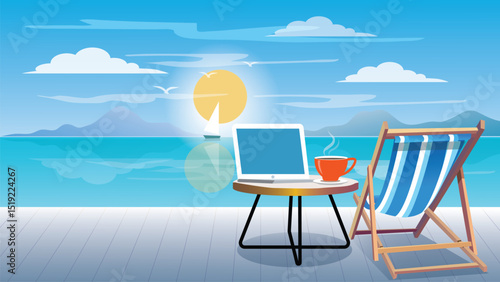Coffee cup and  laptop on table with deck chair. workplace with a  morning coffee on tropical beach. relaxation concept. Vector , illustration