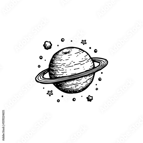 Monochrome planet drawing with rings and celestial bodies creates a cosmic theme