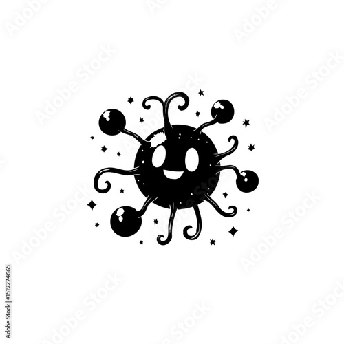 Cartoon-style virus illustration with cute face on a white background line art