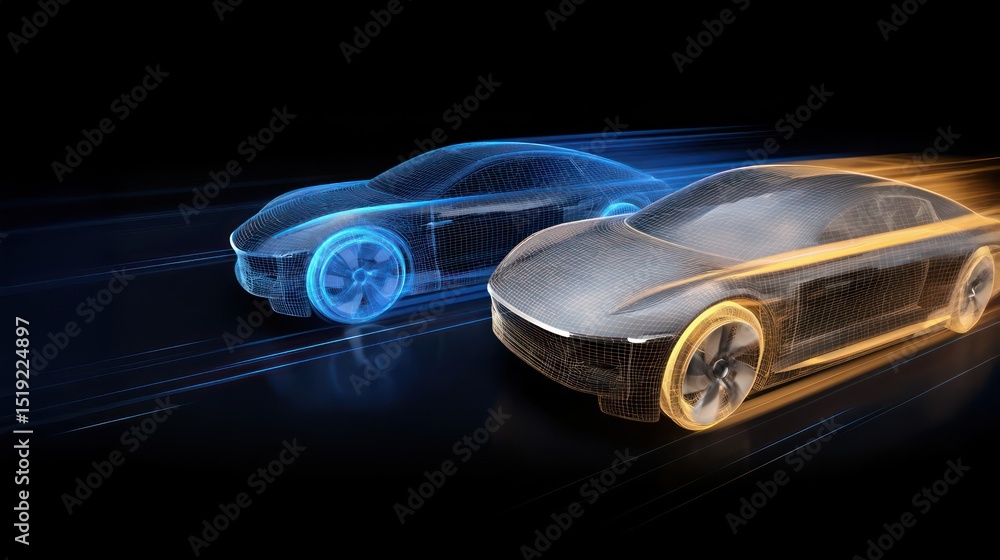 Two colorful digital wireframe cars facing each other in holographic display, showing digital twins, digital clone, predictive analytics for vehicle simulation Two colorful digital wireframe cars facing each other in holographic display, showing digital twins, digital clone, predictive analytics for vehicle simulation