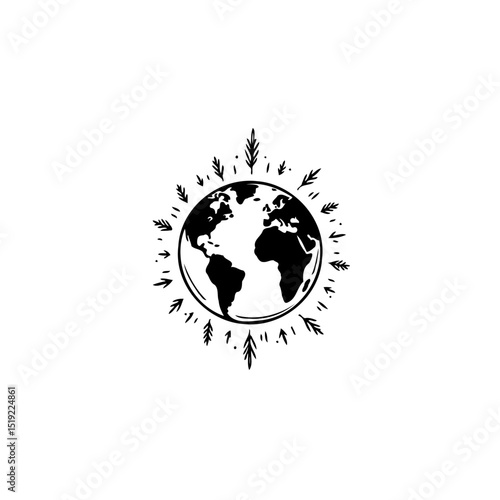 Stylized World Globe Surrounded by Foliage: A Minimalist Illustration for Earth