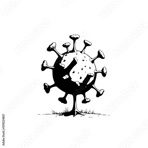 Stylized Coronavirus Cell Illustration on Grass with Black and White Design