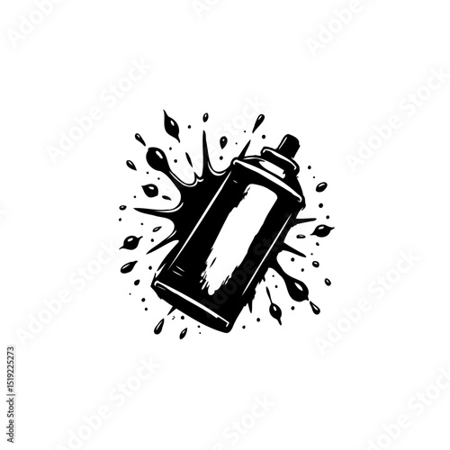 Spray paint can in black and white with splatter effect, isolated symbol illustration