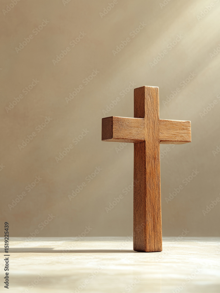 Naklejka premium Wooden cross on a light background with shadows.