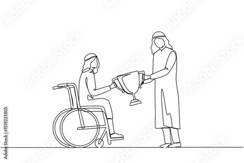 Continuous one line drawing disabled Arab man on wheelchair accept winner trophy cup. Achievements and victory. Disability people success in sport and business. Single line draw design vector graphic