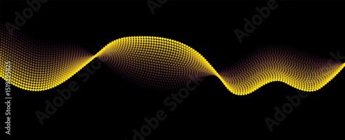 Flowing dots particles wave pattern yellow isolated on black background. Vector in concept of technology, science, music, modern.