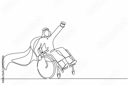 Single one line drawing disable Arab man sitting in wheelchair flat character concept. Superhero with disability, power of mind. Never give up. Continuous line draw design graphic vector illustration