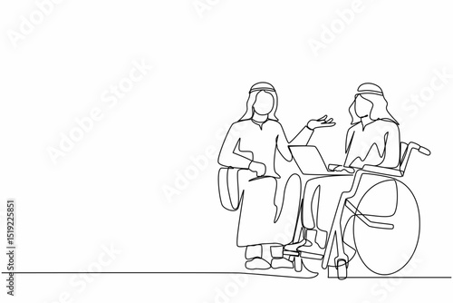 Single one line drawing employee with disabilities and inclusion work together. Disabled Arab male on wheelchair with coworker sit communicate using laptop. Continuous line draw graphic design vector