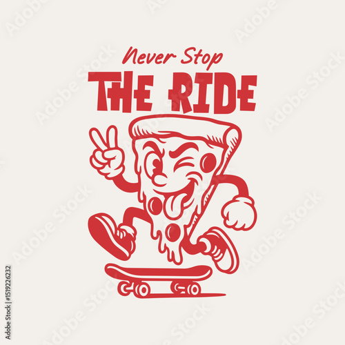 Skateboarding pizza retro cartoon character t shirt design