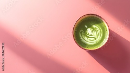 A close-up of a matcha latte with artistic green foam swirls served in a ceramic cup on a solid pastel pink background smooth texture with warm light soft
