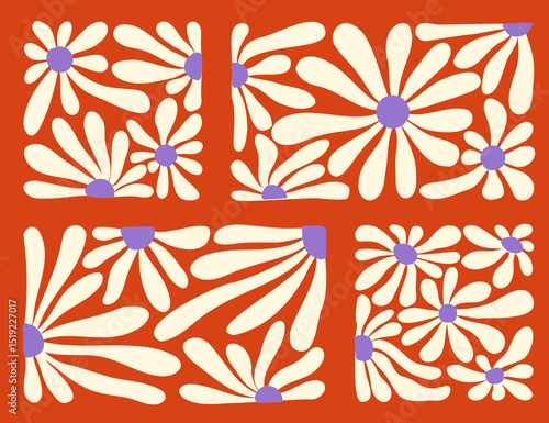 Colorful wave pattern featuring flowers typical of 70s design style and aesthetics