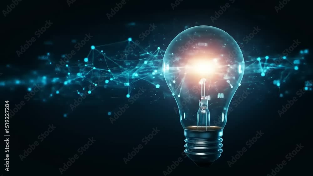 A glowing light bulb radiates energy amidst a digital network of blue connections and data A glowing light bulb radiates energy amidst a digital network of blue connections and data