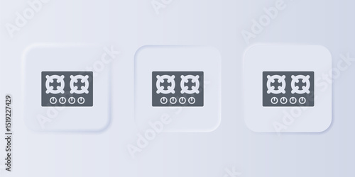 Grey Gas stove icon isolated on grey background. Cooktop sign. Hob with four circle burners. Set icons in square buttons. Vector