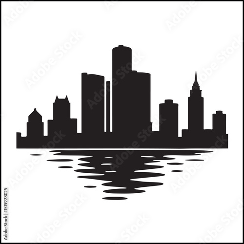 Detroit skyline riverwalk perspective silhouette