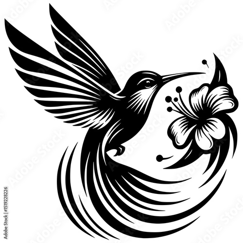 A stylized black and white drawing of a hummingbird hovering near a flower, with motion lines and fine details