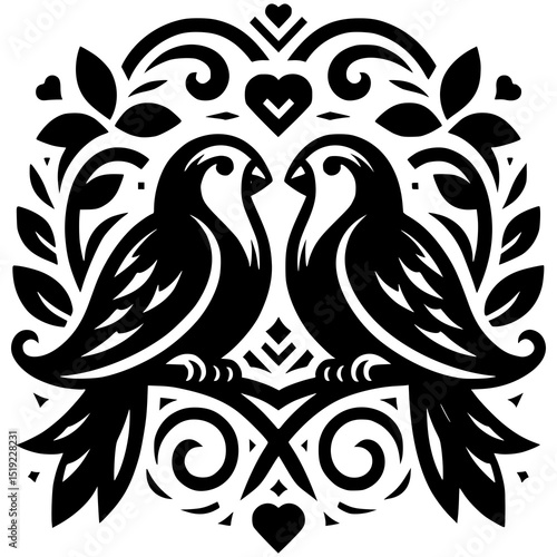 A symmetrical black and white design of two lovebirds sitting side by side on a vine