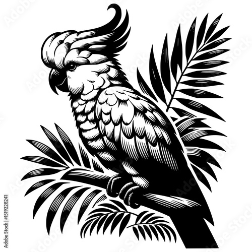 A side-view sketch of a cockatoo with a raised crest, sitting on a branch with tropical leaves, black and white