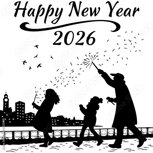 Family celebrating new year 2026 with sparklers