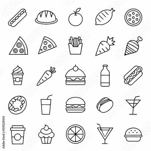 Food and drink icon set line art graphics